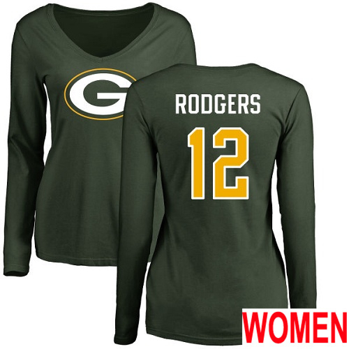 Green Bay Packers Green Women #12 Rodgers Aaron Name And Number Logo Nike NFL Long Sleeve T Shirt